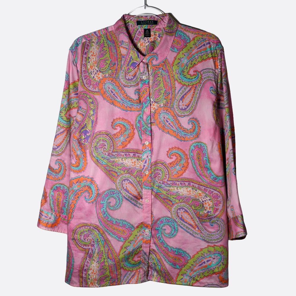 Ralph Lauren 100% Cotton Button Down Shirt Paisley Long Sleeve Top Plus 2X 3X - Picture 2 of 7